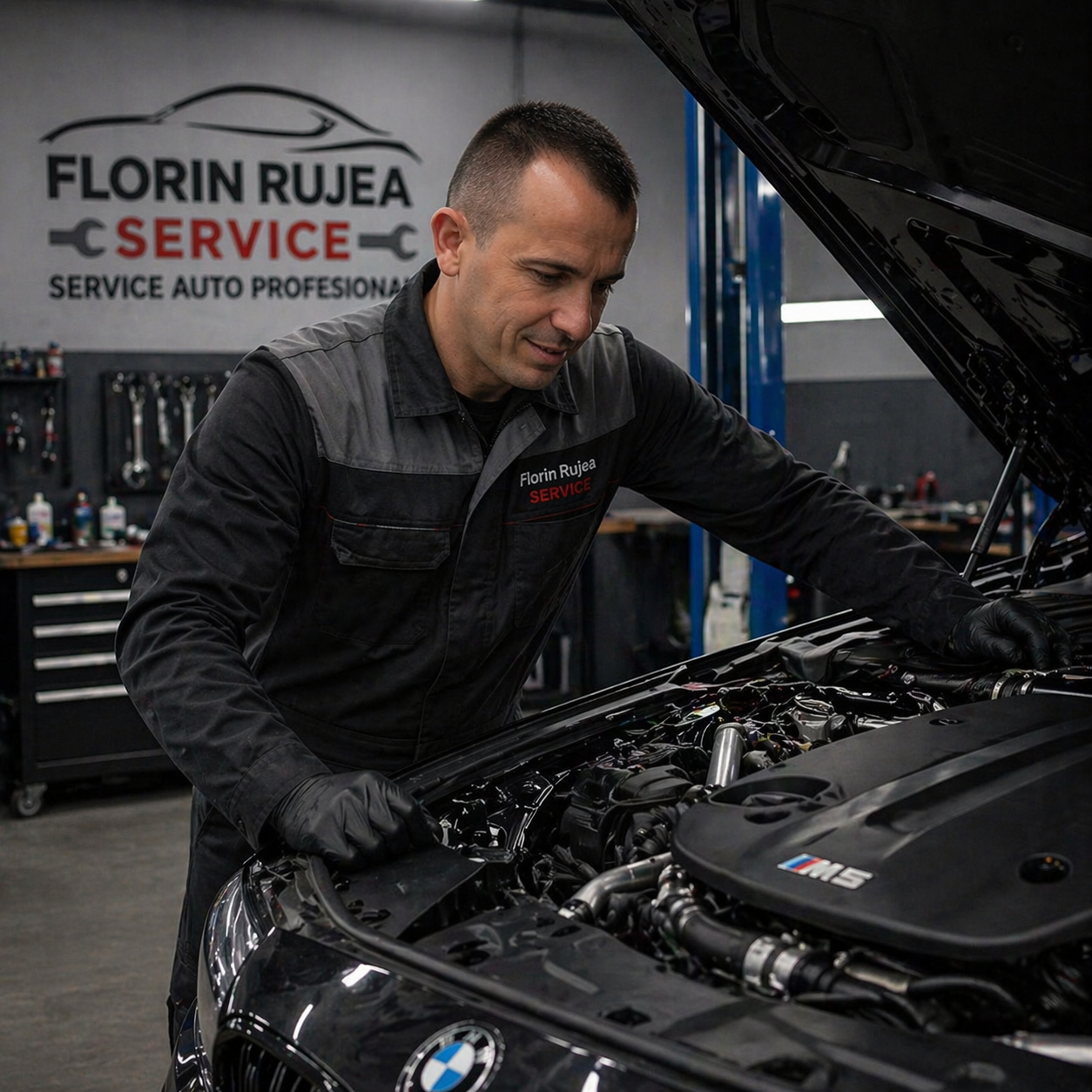 Mecanic lucrând pe motor BMW M5